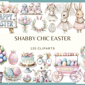 May include: A collection of watercolour illustrations with an Easter theme. The image includes bunnies, chicks, Easter eggs, floral wreaths, a cake, and a sign that reads "Happy Easter." The style is shabby chic with pastel colours.