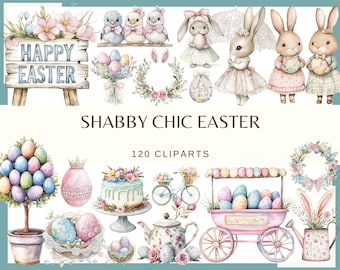 May include: A collection of watercolour illustrations with an Easter theme. The image includes bunnies, chicks, Easter eggs, floral wreaths, a cake, and a sign that reads "Happy Easter." The style is shabby chic with pastel colours.