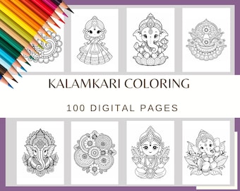 Kalamkari Coloring Pages: 100 JPG FILES A4 size, Indian Art Ganesha Mandala (Commercial Use, Digital Download)