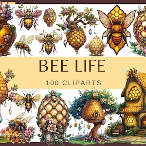BEES LIFE - 100 images clipart (300 dpi, ruche, nid d'abeille, graphisme doux, fond transparent, paquet, floral, insecte, png)