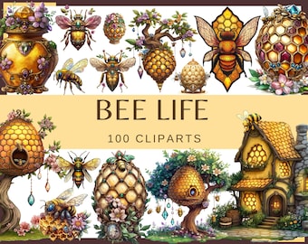 BEES LIFE - 100 clip arts (300 dpi, beehive, honeycomb, sweet graphic, transparent background, bundle, floral, insect, png)