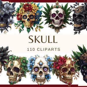 SKULL - 120 clipart (300 DPI Floral Skull clipart bundle, Skull png designs sugar skulls skeleton wiccan clipart witch gothic fantasy skull)