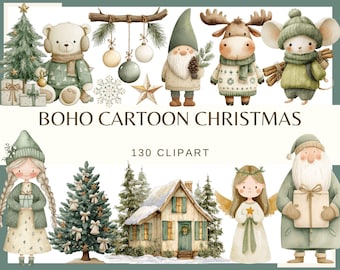 Boho Cartoon Christmas: 130 PNG, 300 DPI Clipart Santa Nordic Holiday Hygge Winter Festive Holiday Scrapbook (Commercial Use, Digital)