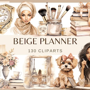 BEIGE PLANNER - 130 akwarelowych klipartów (png, 300 dpi, Ilustracja mody, Książki o modzie, Fashionista Chic Girl Glamour Fashion Graphics)