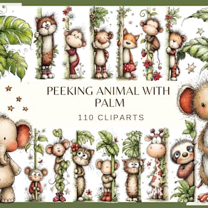 Może przedstawiać: Kolekcja fantazyjnych ilustracji clipartów ze zwierzętami. Obraz przedstawia różne zwierzęta, w tym kota, małpę, tygrysa, lisa i słonia, wyglądające zza zielonych liści palm. Widoczny jest również tekst "PEEKING ANIMAL WITH PALM 110 CLIPARTS".