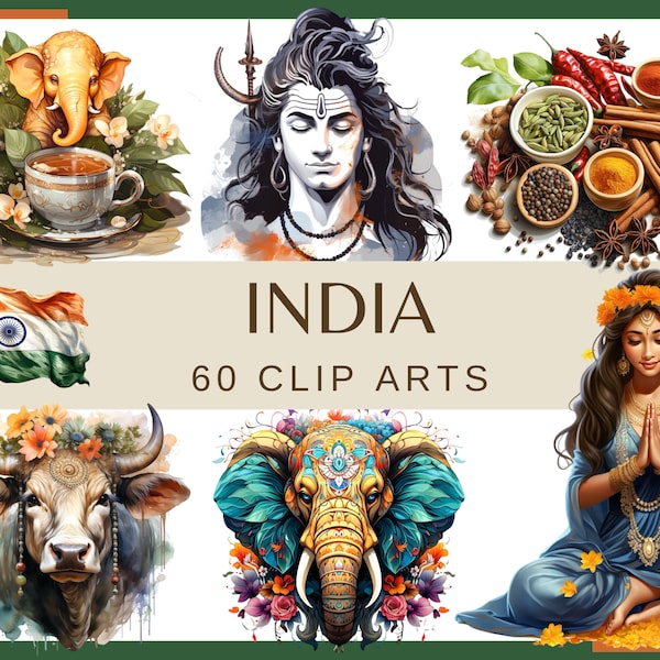 INDIA - 60 clip arts (Shiva, Vishnu, Ganesha, mandala, 300 dpi, png, Transparent background, commercial use, bundle, digital, country)