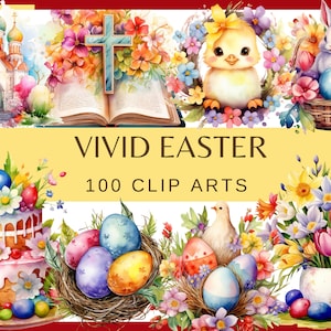 PASCUA VÍVIDA - 100 imágenes prediseñadas de acuarela (fondo transparente, papel digital de Pascua de primavera de 300 ppp, vacaciones de primavera, uso comercial png)