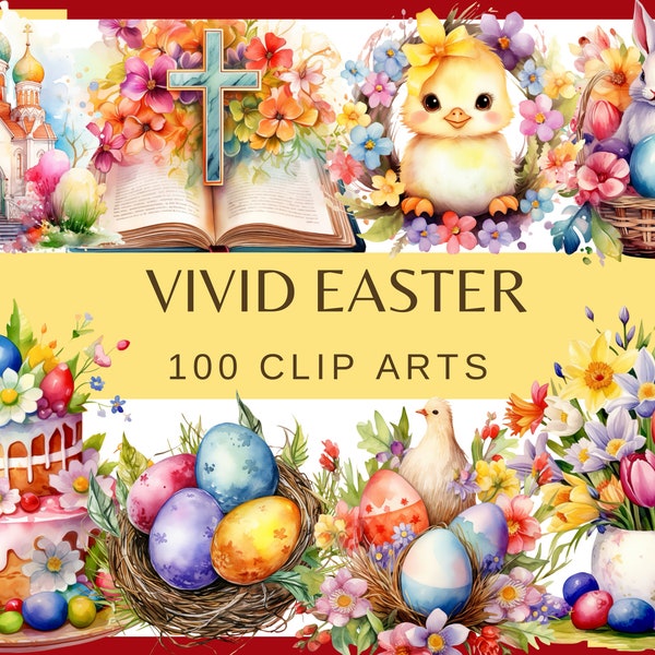 VIVID EASTER - 100 imágenes prediseñadas de acuarela (fondo transparente, papel digital de Pascua de primavera de 300 ppp, vacaciones de primavera, uso comercial png))