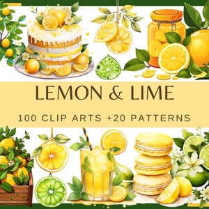 COLLECTION CITRON ET LIME - 100 cliparts et 20 motifs (300 dpi, fruits, macaron citron-lime, usage commercial, lot, numérique, png)