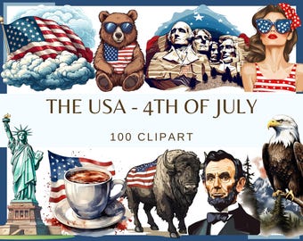 USA 4th of July Clipart Bundle: 100 PNG Graphics (Digital Download)