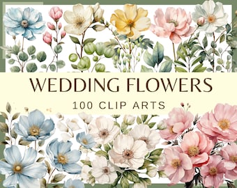 FLEURS DE MARIAGE - 100 images clipart (300 dpi, usage commercial, lot, arrière-plan numérique transparent, floral, éléments de mariage, journal indésirable)