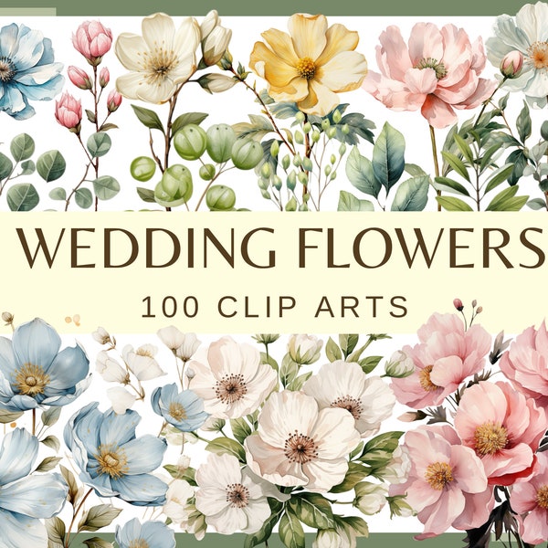 WEDDING FLOWERS - 100 clip arts (300 dpi, commercial use, bundle, digital transparent background, floral, wedding elements, junk journal)