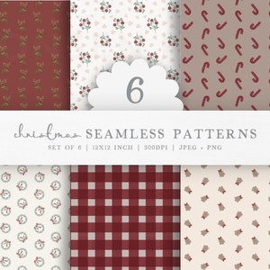 Christmas Seamless Patterns, Set of 6 Holiday Repeating Designs, Digital Paper For Crafts, Winter Printables, Commercial Use