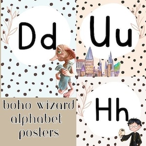 May include: Three printable alphabet posters with a whimsical boho wizard theme. The posters feature the letters D, U, and H in black on white circles against a background of light blue and beige with black polka dots. The D poster features a small, brown, elf-like creature with large ears. The U poster features a drawing of a castle. The H poster features a small, brown, wizard-like figure with a pointed hat and a small owl.