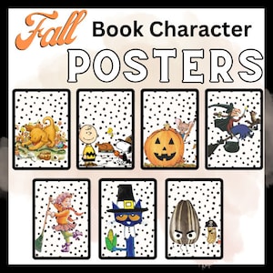 May include: A set of printable posters featuring characters from popular children's books. The posters have a black and white polka dot background and feature characters like Clifford the Big Red Dog, Charlie Brown, The Very Hungry Caterpillar, and more.