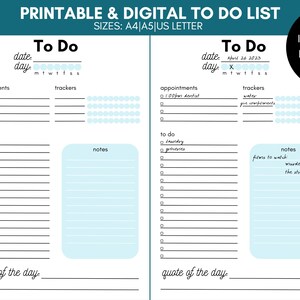 May include: Printable to-do list template with two columns, each with sections for appointments, to-do, trackers, notes, and a quote of the day. The template is designed for use with a pen or pencil.