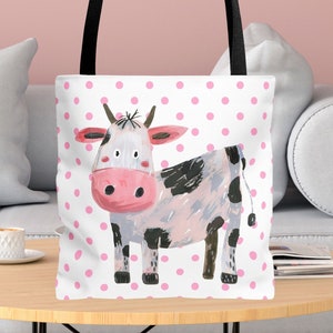 Cow Polka Dot Pink Coquette Tote Bag, Vintage Aesthetic Travel Bag Ladies Accessories, Cartoon Watercolor Farm Animal Barnyard Party Favor