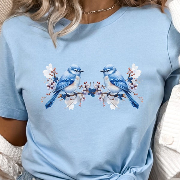 Winter Blue Birds T-Shirt, Winter Birds Tee Shirt, Bird Watcher Top, Love Blue Birds Shirt, Womens Clothing, Plus Size Clothes, Bird Top