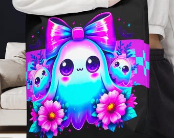 Kawaii Ghost Tote Bag | Iridescent Neon Halloween Shopper | Cute Girly Coquette Goth Spooky Floral Seasonal Party Back to School Gift Bag