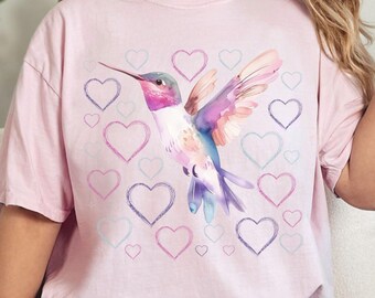 Hummingbird Comfort Colors T-Shirt, Birdwatching Nature Tee, Floral Bird Lover Gift, Wildlife Flower Heart