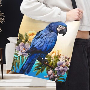 Blue Parrot Bird Tote Bag, Tropical Floral Wildlife Nature Lover Birdwatching Gift Bag, Bird Lover Party Travel Accessory for Bird Watchers