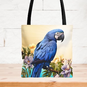Blue Parrot Bird Tote Bag, Tropical Floral Wildlife Nature Lover Birdwatching Gift Bag, Bird Lover Party Travel Accessory for Bird Watchers