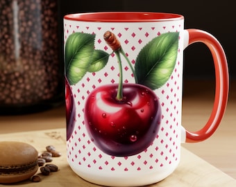 Retro Berry Coffee Mug, Large Cherry Cup Drinkware Gift for Her, Vintage Aesthetic Fruit Home Decor, Red Cherry Kitchen Dish Party Favor Mug
