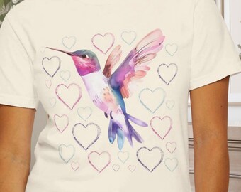 Hummingbird Comfort Colors T-Shirt, Birdwatching Nature Tee, Floral Bird Lover Gift, Wildlife Flower Heart