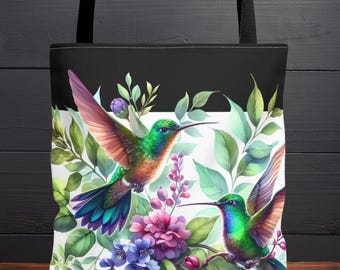 Colorful Hummingbird Tote Bag | Wildlife Birdwatching Gift | Eco Reusable Floral Shopper | Ladies Spring Summer Nature Travel Shoulder Bag
