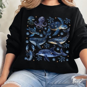 Ocean Celestial Sealife Sweatshirt, Galactic Underwater Sea Animal Shirt Whale Lobster Crab Octopus Jellyfish Turtle Crab Dauphin Gift Idea