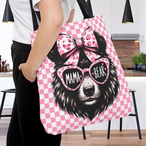 Mama Bear Tote Bag, Cute Gift for New First Time Mom, Mother&#39;s Day Retro Pink Coquette Black Bear Travel Carryall  Reusable Shopping Sack