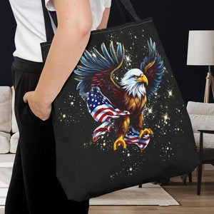 Patriotic Eagle Bird Tote Bag, American Flag Travel Accessory Gift, Reusable Market Shopping Sack, Fourth of July Unisex Party Favor Prize