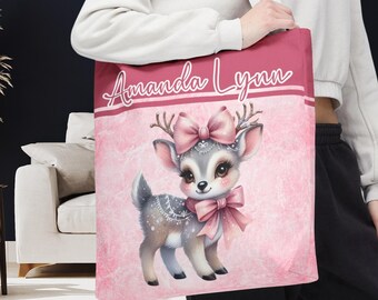 Personalisierte Rosa Weihnachten Einkaufstasche | Benutzerdefinierte Girly Kokette Urlaub Sack | Niedliche Weihnachtsmann oder Rentier Design Lehrer Schüler Urlaub Geschenk Tasche