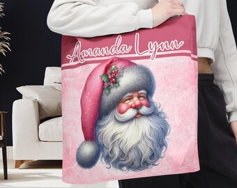 Personalisierte Rosa Weihnachten Einkaufstasche | Benutzerdefinierte Girly Kokette Urlaub Sack | Niedliche Weihnachtsmann oder Rentier Design Lehrer Schüler Urlaub Geschenk Tasche