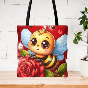 May include: A red tote bag with a cartoon bee on a red rose. The bee has large eyes and a yellow and black striped body. The rose has green leaves and a red center.