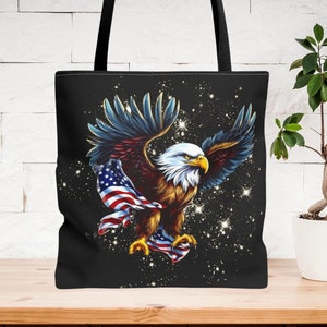 Patriotic Eagle Bird Tote Bag, American Flag Travel Accessory Gift, Reusable Market Shopping Sack, Fourth of July Unisex Party Favor Prize