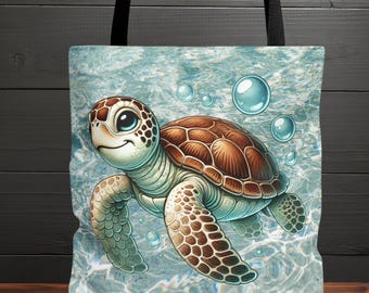 Turtle Tote Bag, Sea Turtle Travel Accessories, Cute Anmimal Shopper, Unisex Gift Bag Turtle Lovers, Wildlife Nature Lover Gift, Ocean Theme