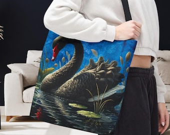 Bolso de mano de cisne negro con elegante arte lacustre: bolso de hombro con temática de vida silvestre oscura, regalo místico para amantes de la naturaleza, bolso con ilustración artística de cisne.