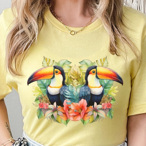 Toucan Tropical Bird T-Shirt, Ladies Spring Fashion Womens Plus Size Graphic Tee Floral Jungle Bird Gift Birdwatcher Summer Top Gift for her