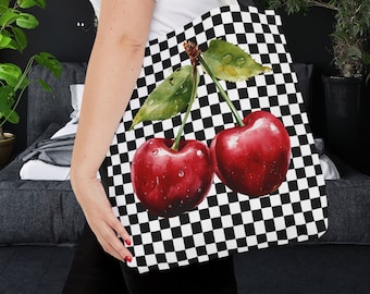 Retro Black Checkered Cherry Tote Bag, Vintage 50s 60s 70s Diner Inspired Aesthetic Party Favor Gift, Ladies Old Fashioned Summer Fruit Bag