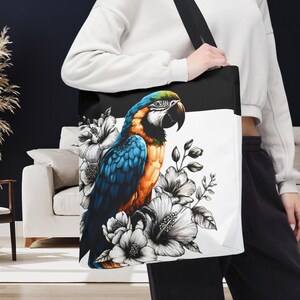 Parrot Tote Bag | Colorful Tropical Bird & Floral Design | Exotic Jungle Animal Lover Gift | Reusable Statement Shopper for Birdwatchers