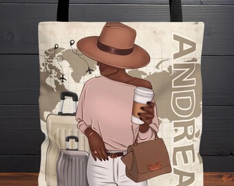 Personalized Black Girl Travel Tote Bag, Custom Name Coffee Lover Bag, Afrocentric Airport Fashion Gift, World Traveler Bookbag Cruise Sack