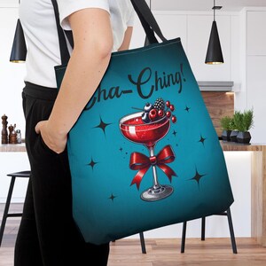 Cha-Ching Tote Bag, Berry Coquette Drink Sucess Jackpot Win Celebration Powerful Women Travel Sack, Female Entrepeneur Wine Glass Fruit Gift