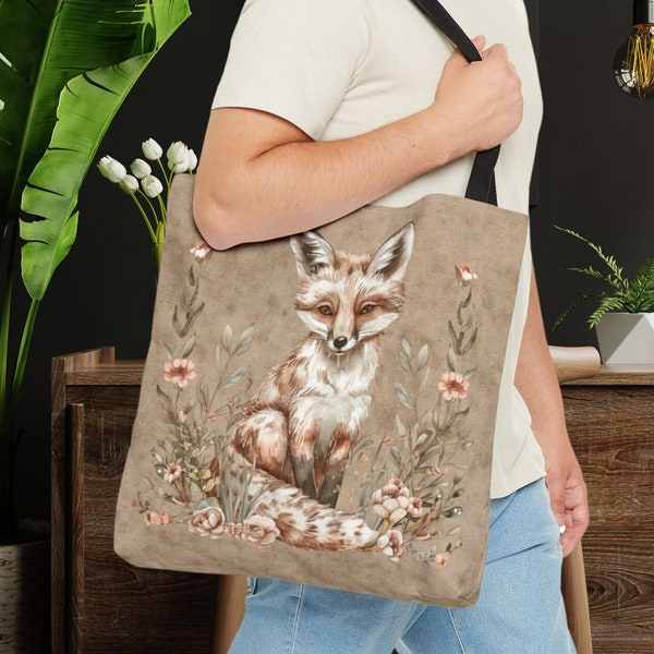 Fox Tote Bag, Wildflower Floral Nature Lover Wildlife Forest Animal Shoulder Bag Party Favor Gift, Love Fox Gift for Her, Ladies Travel Bag
