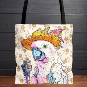 Parrot Tote Bag | Singing Bird Shopper with Microphone & Straw Hat | Funny Tropical Bird Lover Gift | Reusable Market Travel Tote Bag