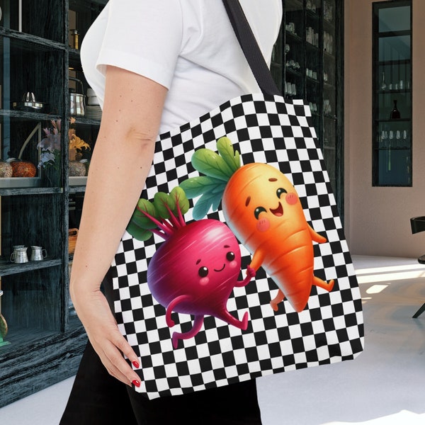 Veggie Gardener Tote Bag, Retro Carrot Beet Mascot Root Garden Vegetable Shoulder Shopping Bag, Healthy Health Food Checkered Gift Bag