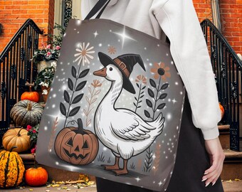 Halloween Silly Goose Tote Bag, Cute Fall Witch Goose  Autumn Travel Accessory, Pumpkin Lover  Trick or Treat Holiday Party Favor Gift Bag