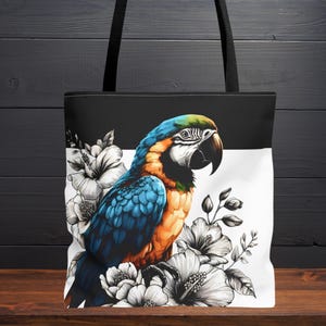 Parrot Tote Bag | Colorful Tropical Bird & Floral Design | Exotic Jungle Animal Lover Gift | Reusable Statement Shopper for Birdwatchers