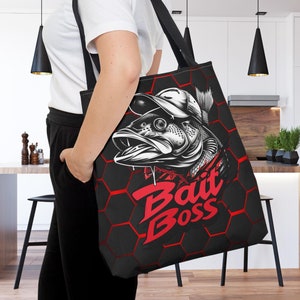 Bait Boss Fisherman Bass Pun Tote Bag, Funny Fishing Travel Bag, Cute Reusable Gift Bag Love Fishing Shopping Carryall Sack Unisex Gift Idea