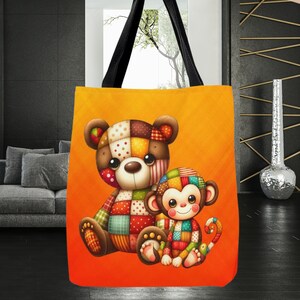 May include: A yellow tote bag featuring a patchwork bear and monkey design. The bear and monkey are both smiling with large eyes. The bag has black handles.